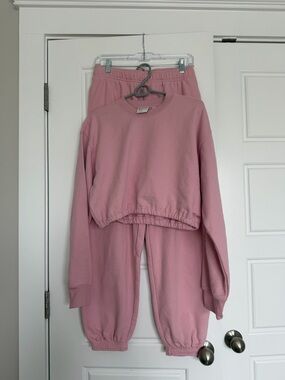 Aritzia TNA Terry Fleece Pink Cropped Sweatshirt & Joggers Set Size Small